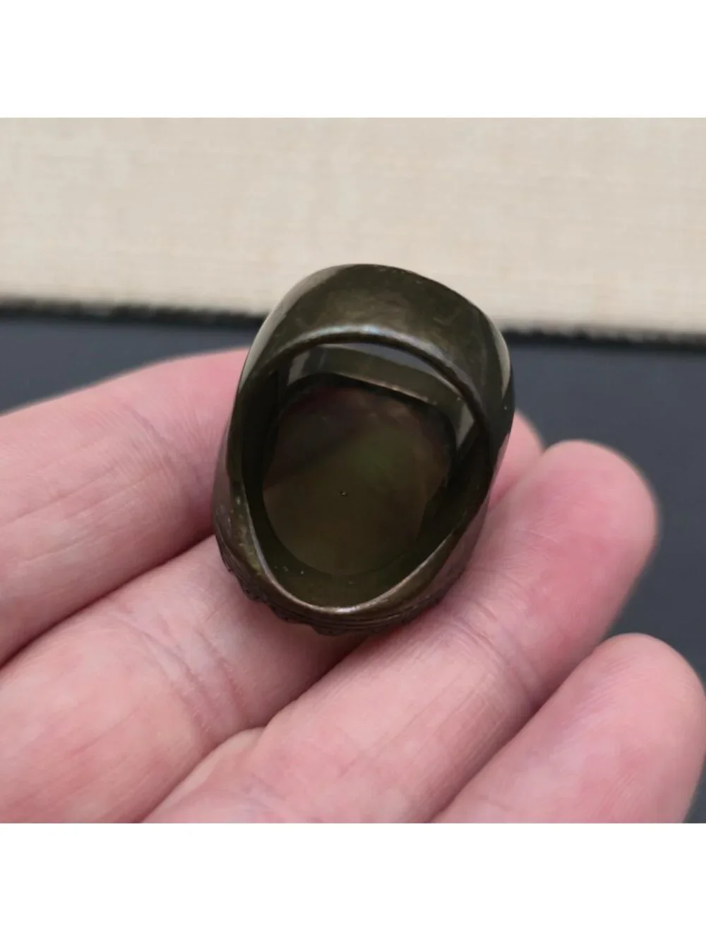 Size 7 Large Oval Green Glass Ring in Bronze - Antique Style Victorian Statement
